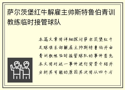 萨尔茨堡红牛解雇主帅斯特鲁伯青训教练临时接管球队