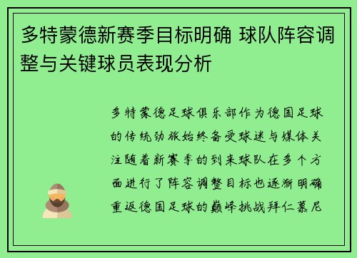 多特蒙德新赛季目标明确 球队阵容调整与关键球员表现分析